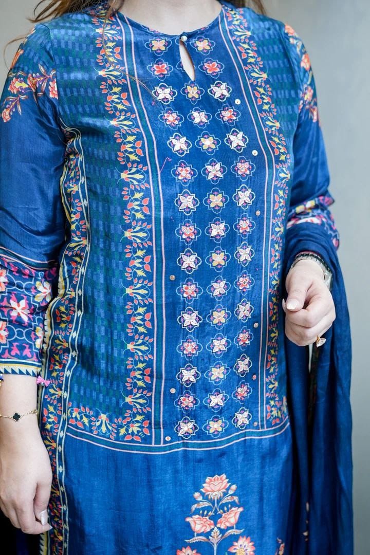 Navy Blue Floral Printed Kurta Pant & Dupatta Set