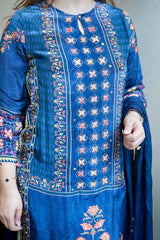Navy Blue Floral Printed Kurta Pant & Dupatta Set