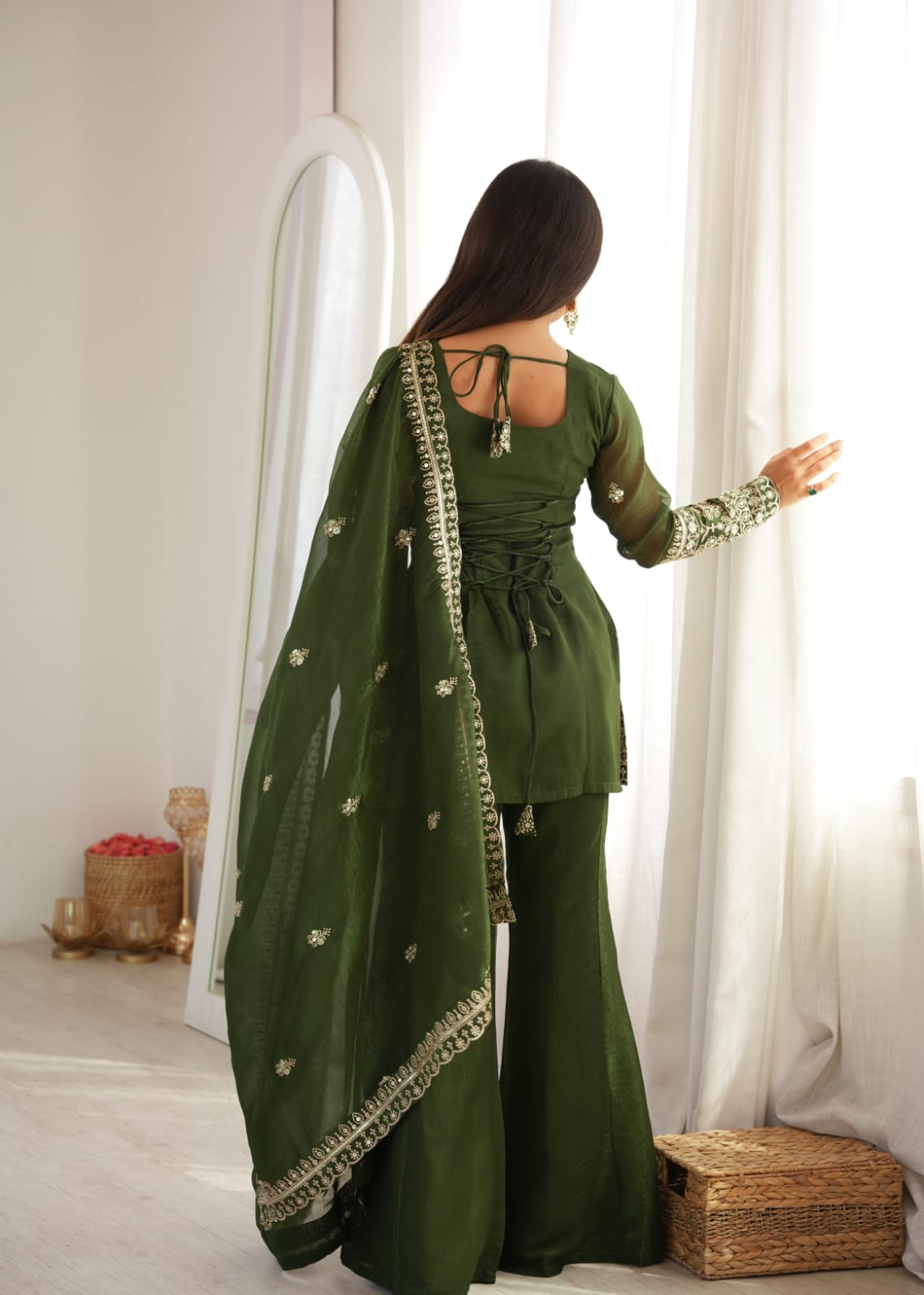 Emerald Green Embroidered Kurta Sharara Set