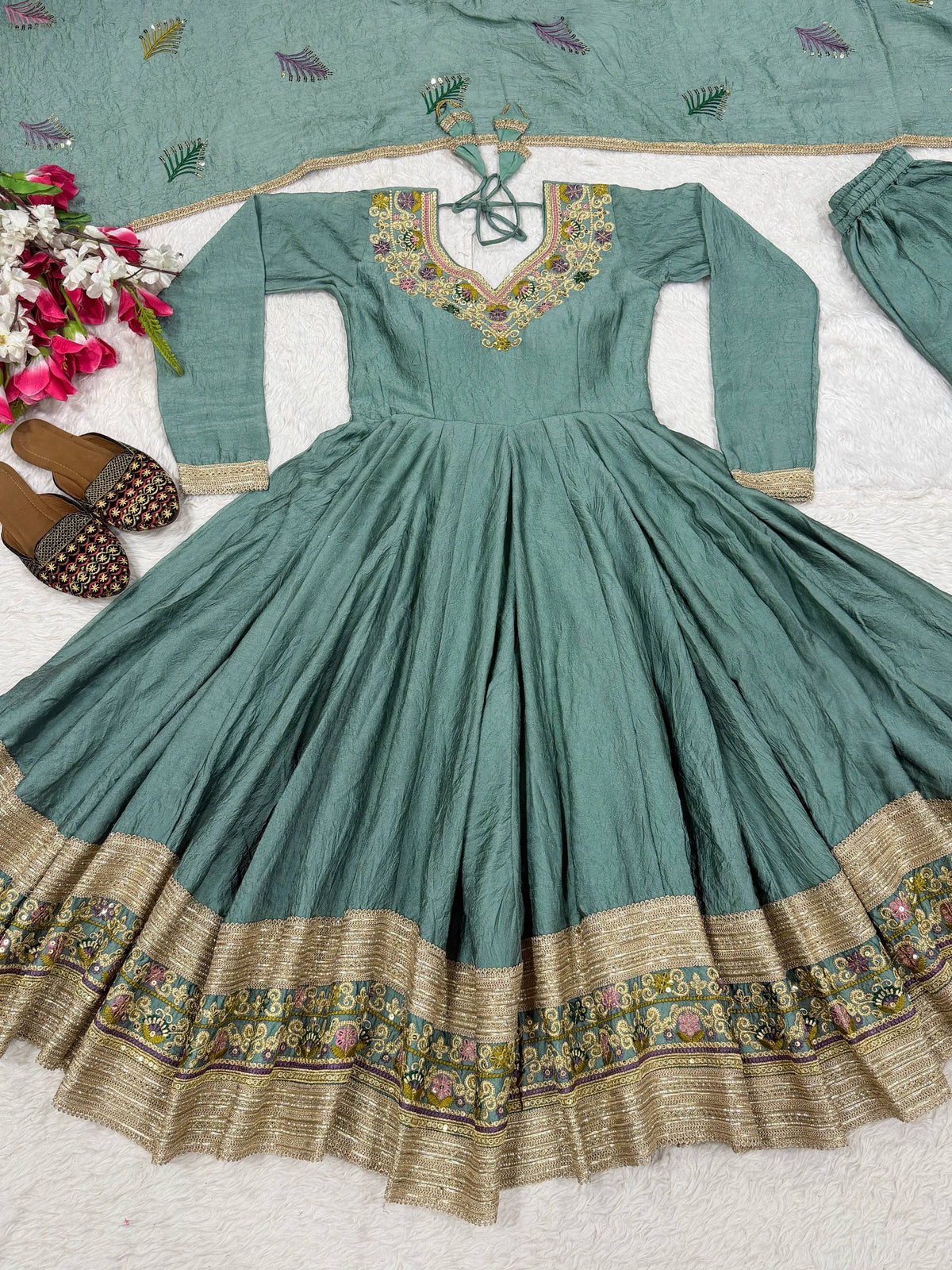 Teal Green Embroidered Anarkali Gown with Dupatta