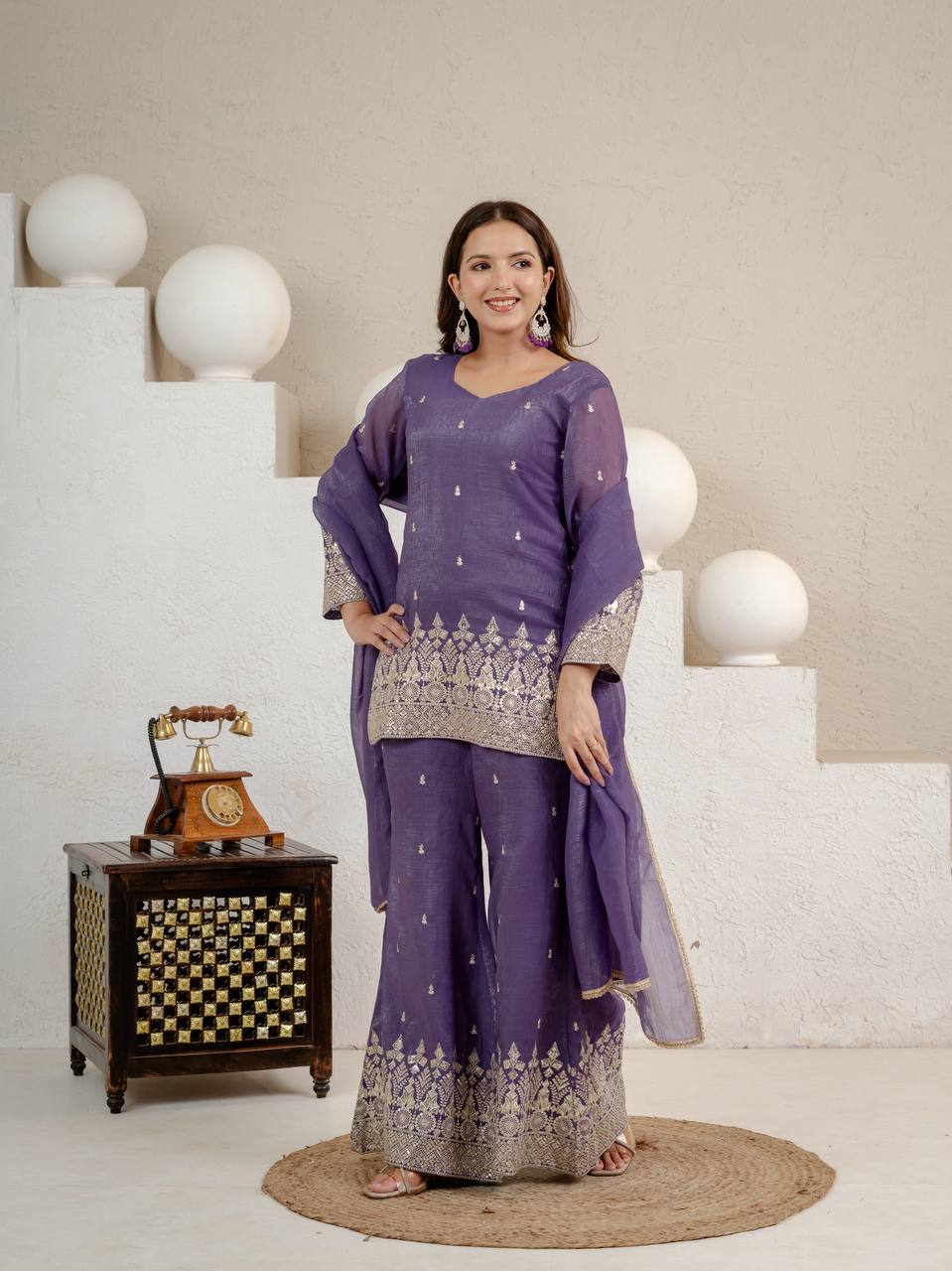 Lavender Purple Embroidered Palazzo Suit Set with Dupatta