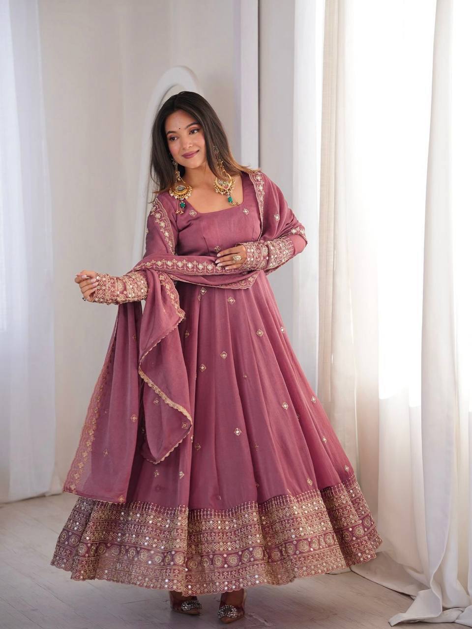 Mauve Pink Embroidered Anarkali Gown with Dupatta