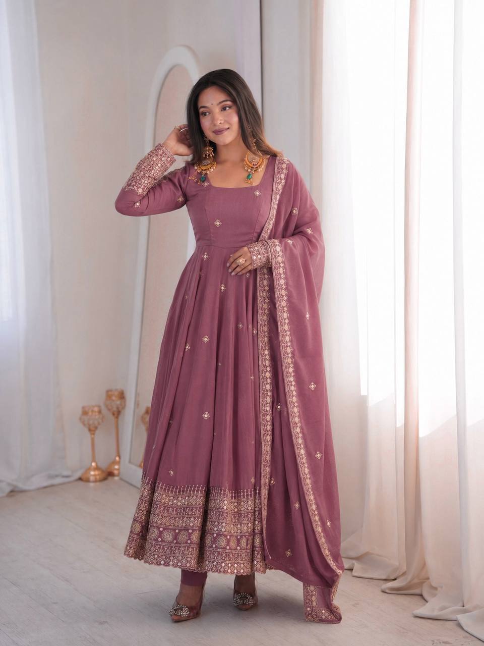 Mauve Pink Embroidered Anarkali Gown with Dupatta
