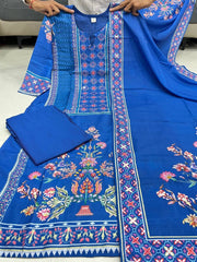 Navy Blue Floral Printed Kurta Pant & Dupatta Set