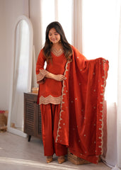 Burnt Orange Embroidered Kurta Palazzo Set