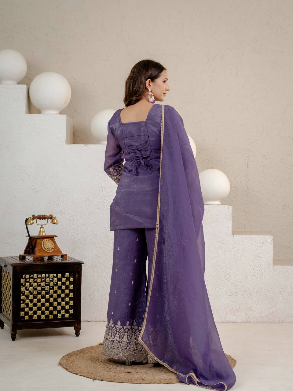 Lavender Purple Embroidered Palazzo Suit Set with Dupatta