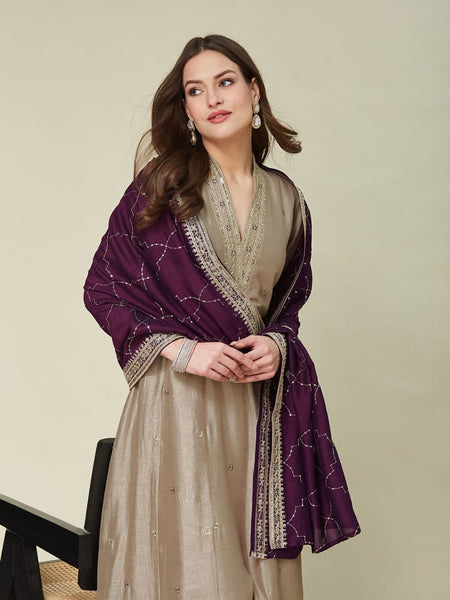 Champagne Beige Embroidered Anarkali Kurta Set