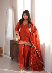 Burnt Orange Embroidered Kurta Palazzo Set