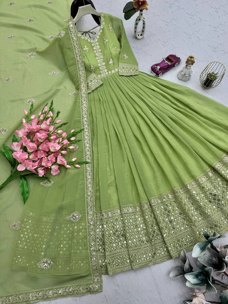Pistachio Green Embroidered Anarkali Suit with Dupatta