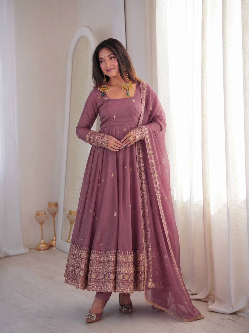 Mauve Pink Embroidered Anarkali Gown with Dupatta