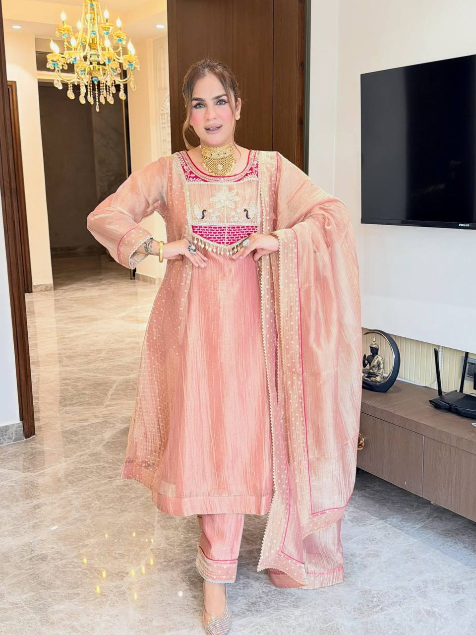 Peach Embroidered A-Line Cut Salsa Silk Top - Pent & dupatta set
