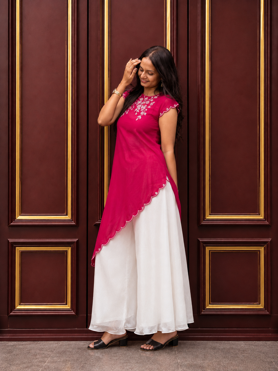 Embroidered Rani Pink & White Palazzo Set