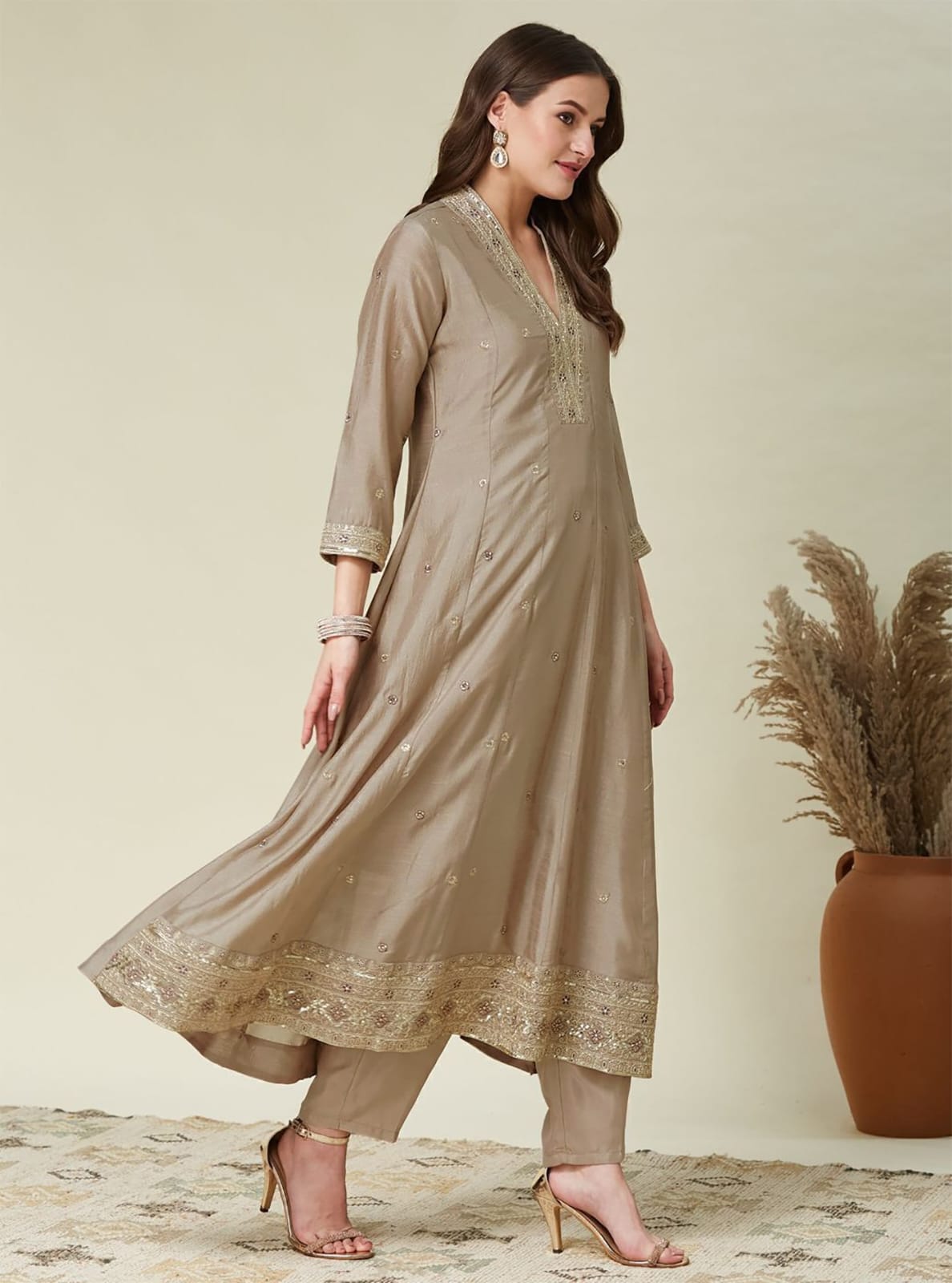 Champagne Beige Embroidered Anarkali Kurta Set