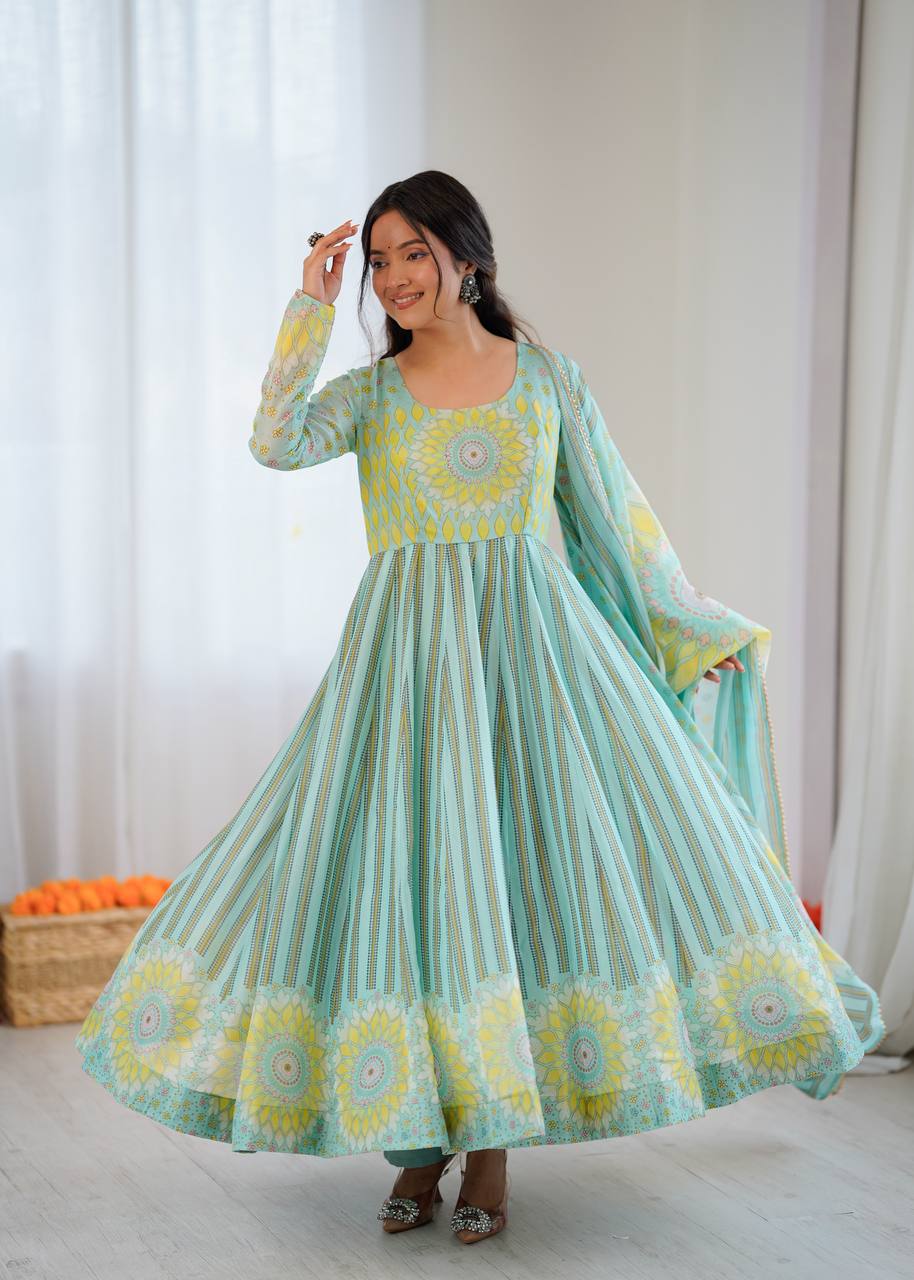 Pastel Aqua Printed Anarkali Suit Set with Floral Dupatta