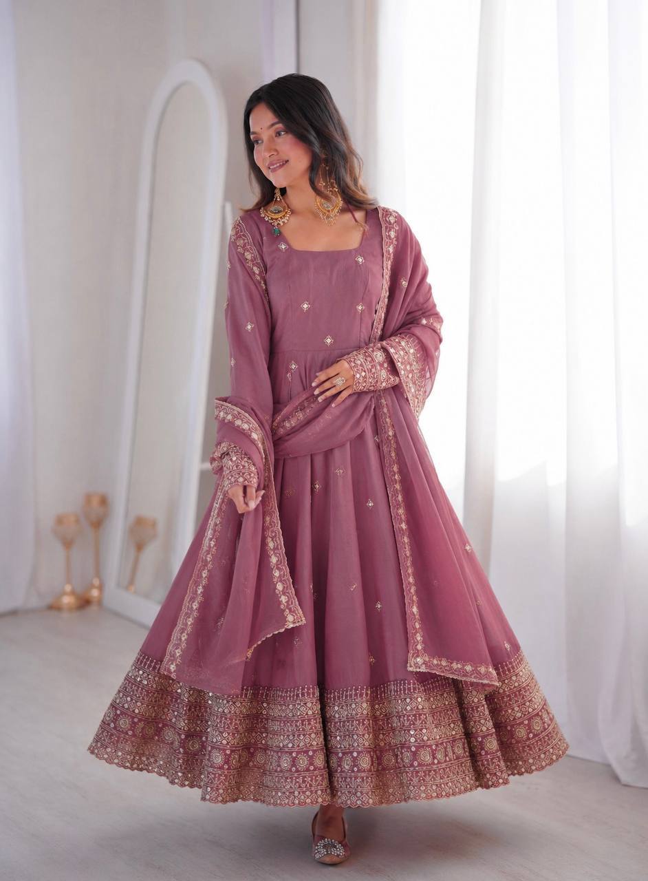 Mauve Pink Embroidered Anarkali Gown with Dupatta