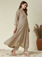 Champagne Beige Embroidered Anarkali Kurta Set