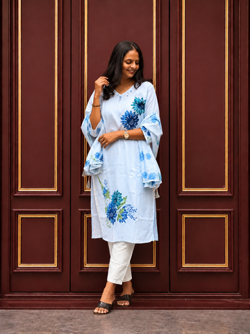 Sky Blue Floral Printed Cotton Kurta Set