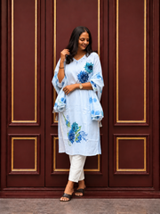 Sky Blue Floral Printed Cotton Kurta Set