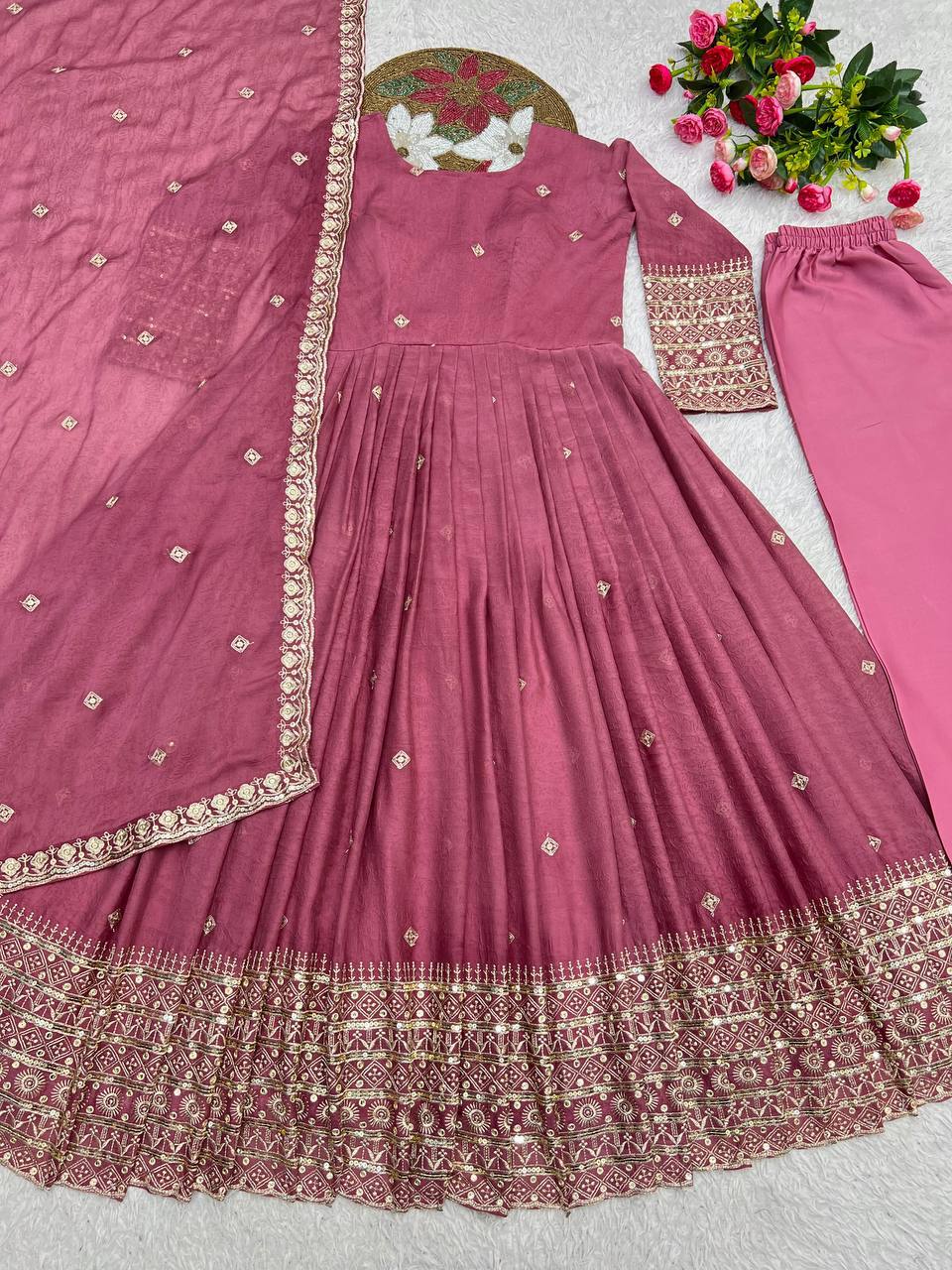 Mauve Pink Embroidered Anarkali Gown with Dupatta