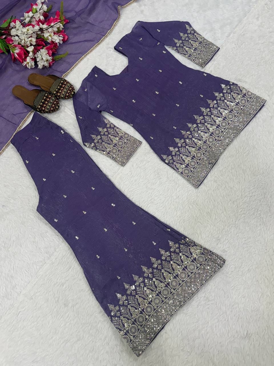 Lavender Purple Embroidered Palazzo Suit Set with Dupatta