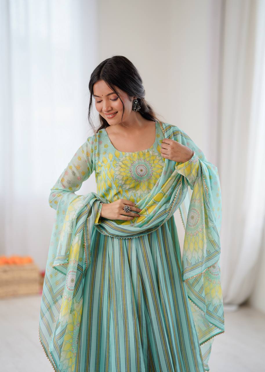 Pastel Aqua Printed Anarkali Suit Set with Floral Dupatta