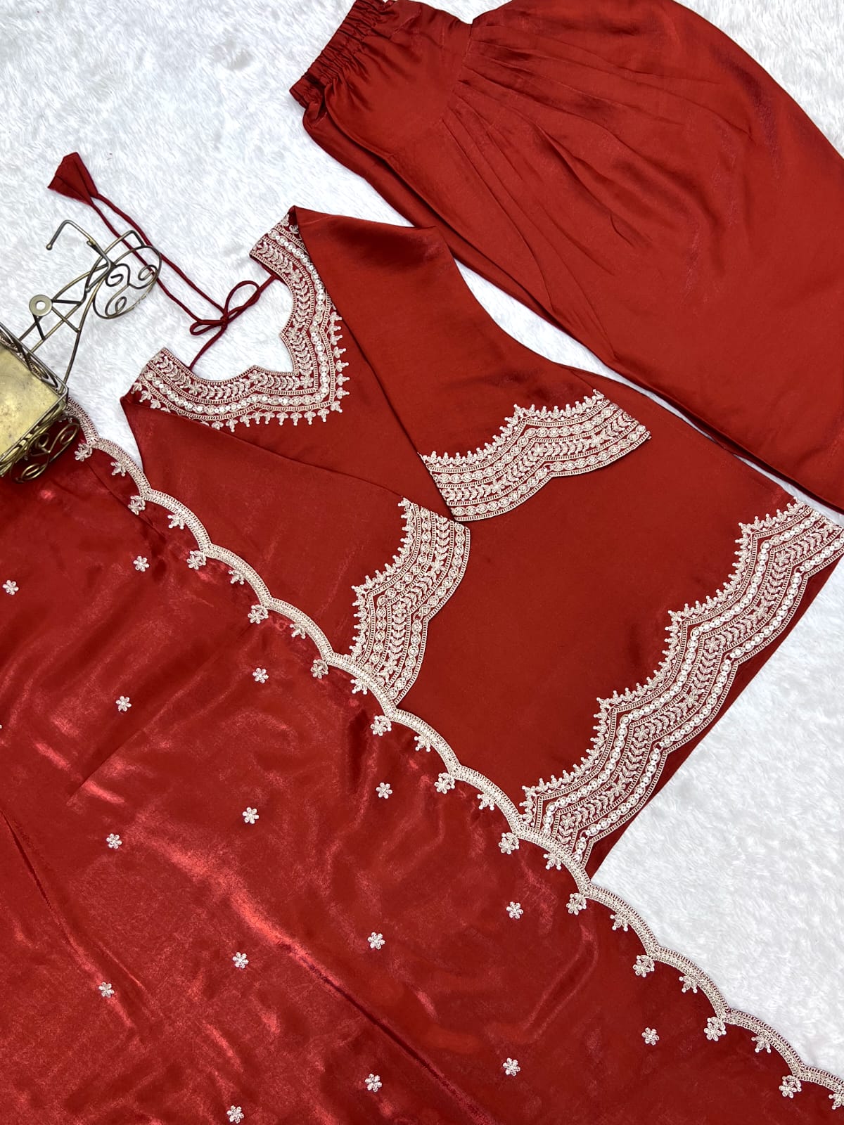Burnt Orange Embroidered Kurta Palazzo Set