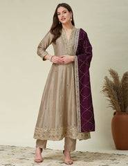 Champagne Beige Embroidered Anarkali Kurta Set
