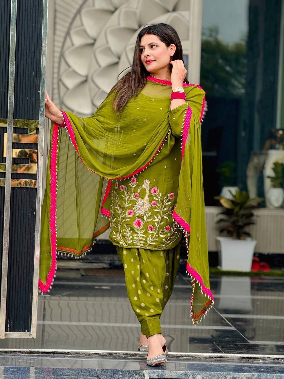 Olive Green Embroidered Patiala Suit with Dupatta