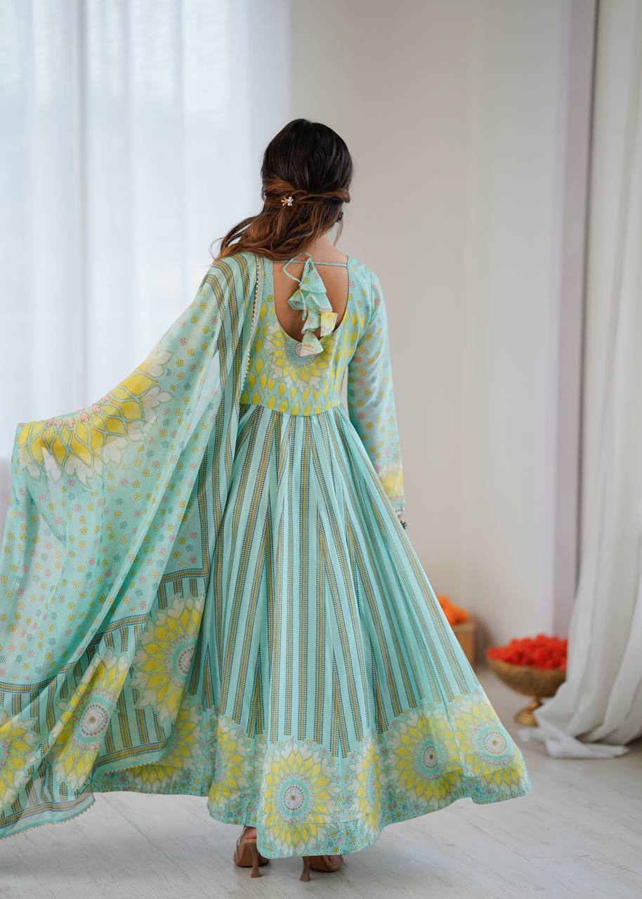 Pastel Aqua Printed Anarkali Suit Set with Floral Dupatta