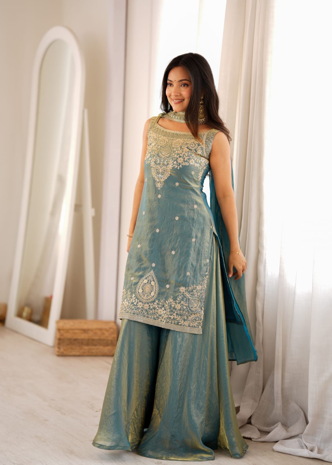 Sea Green Embroidered Kurta Sharara Set