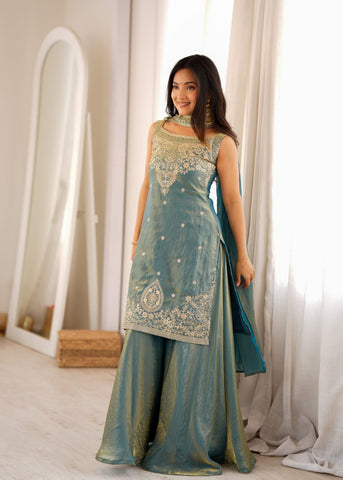 Sea Green Embroidered Kurta Sharara Set
