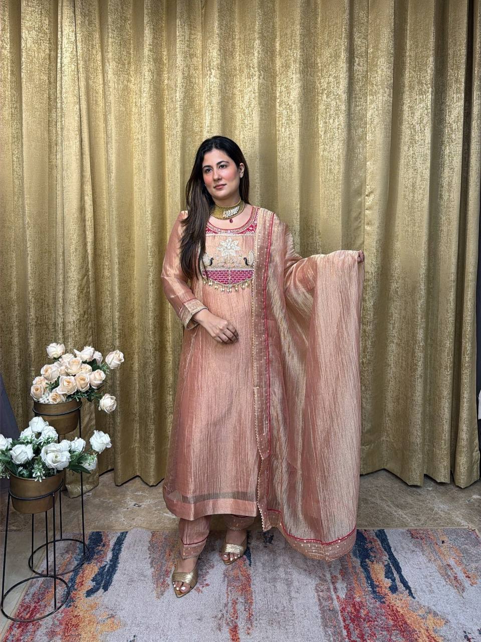 Peach Embroidered A-Line Cut Salsa Silk Top - Pent & dupatta set