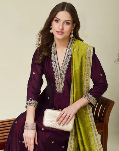 Deep Purple Embroidered Kurta Set