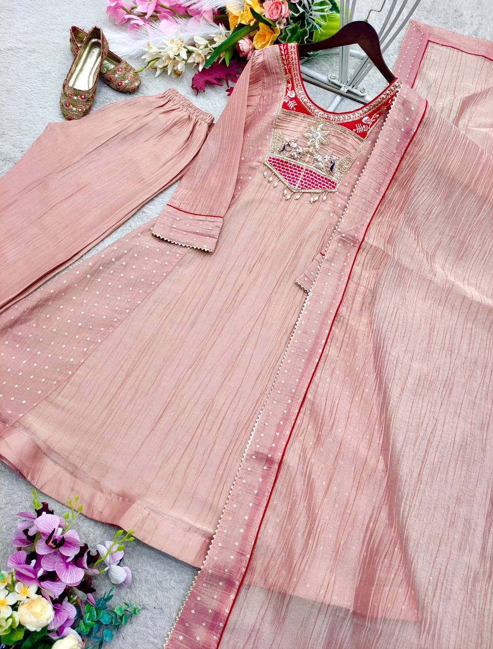 Peach Embroidered A-Line Cut Salsa Silk Top - Pent & dupatta set