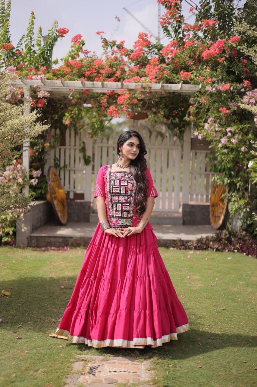 Women’s Pink Navratri Lehenga Choli with Multicolor Embroidered Front