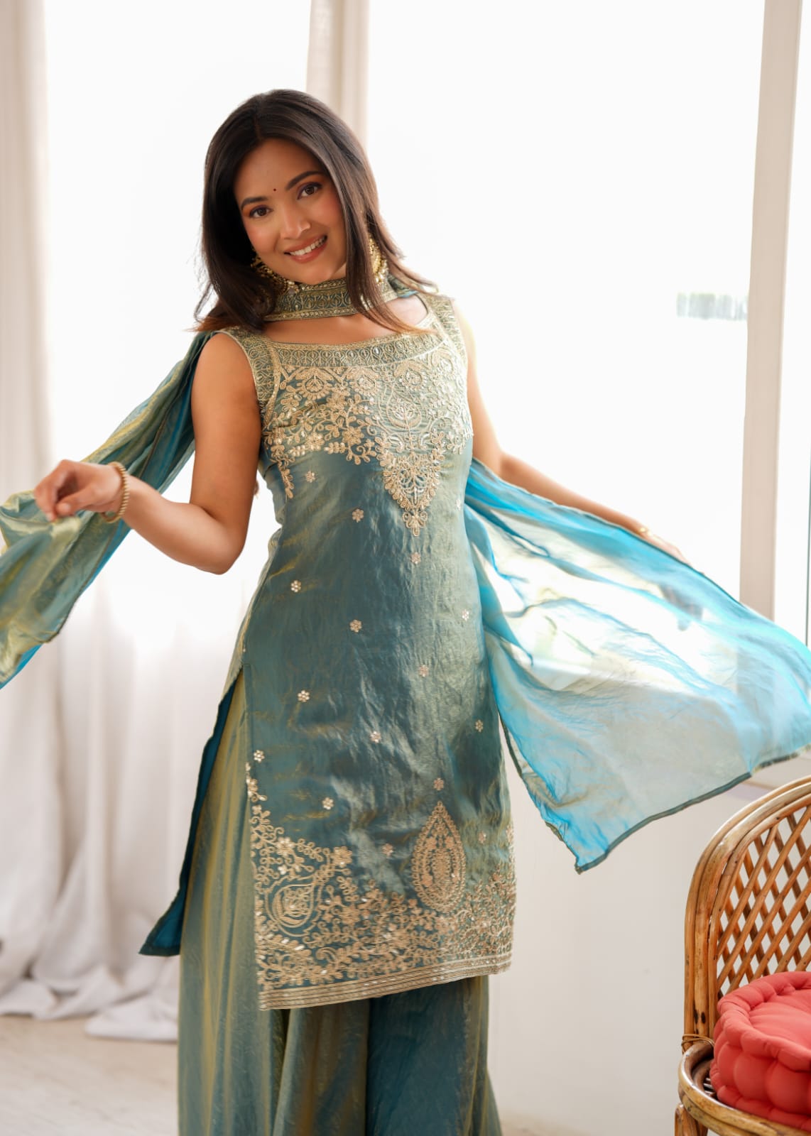 Sea Green Embroidered Kurta Sharara Set