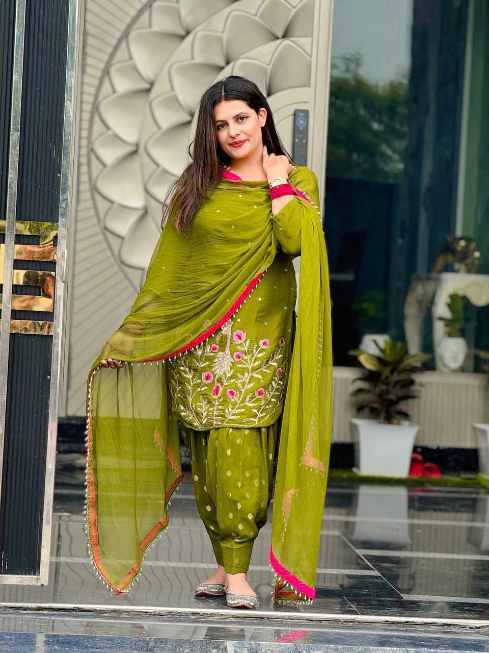 Olive Green Embroidered Patiala Suit with Dupatta