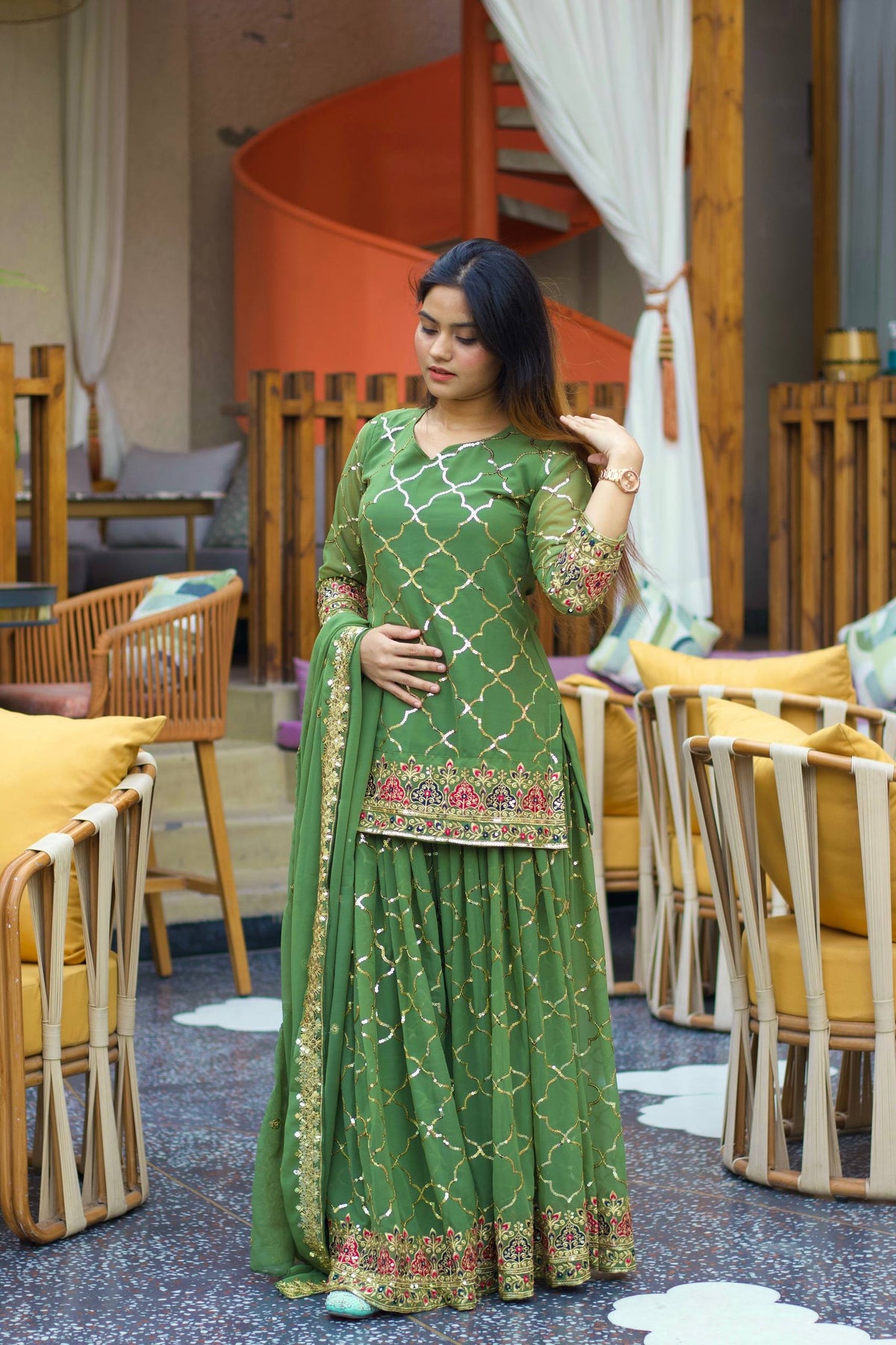 Bottle Green Embroidered Sharara Suit Set with Dupatta