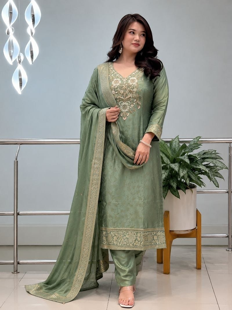 Sage Green Embroidered Jacquard Kurta Pant Set