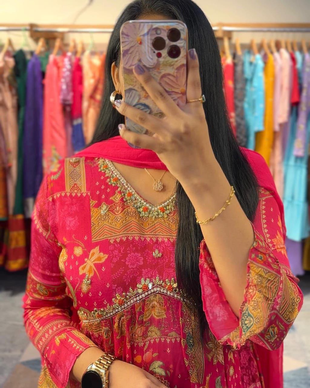 Rani Pink Floral Printed Anarkali Kurta Set with Dupatta