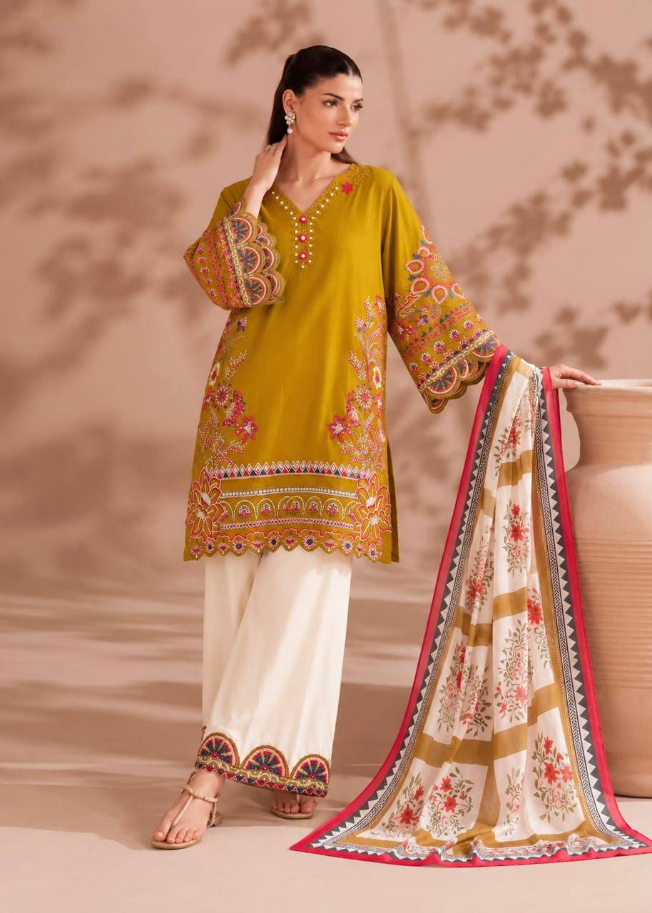 Mustard Yellow Embroidered Palazzo Suit Set with Printed Dupatta