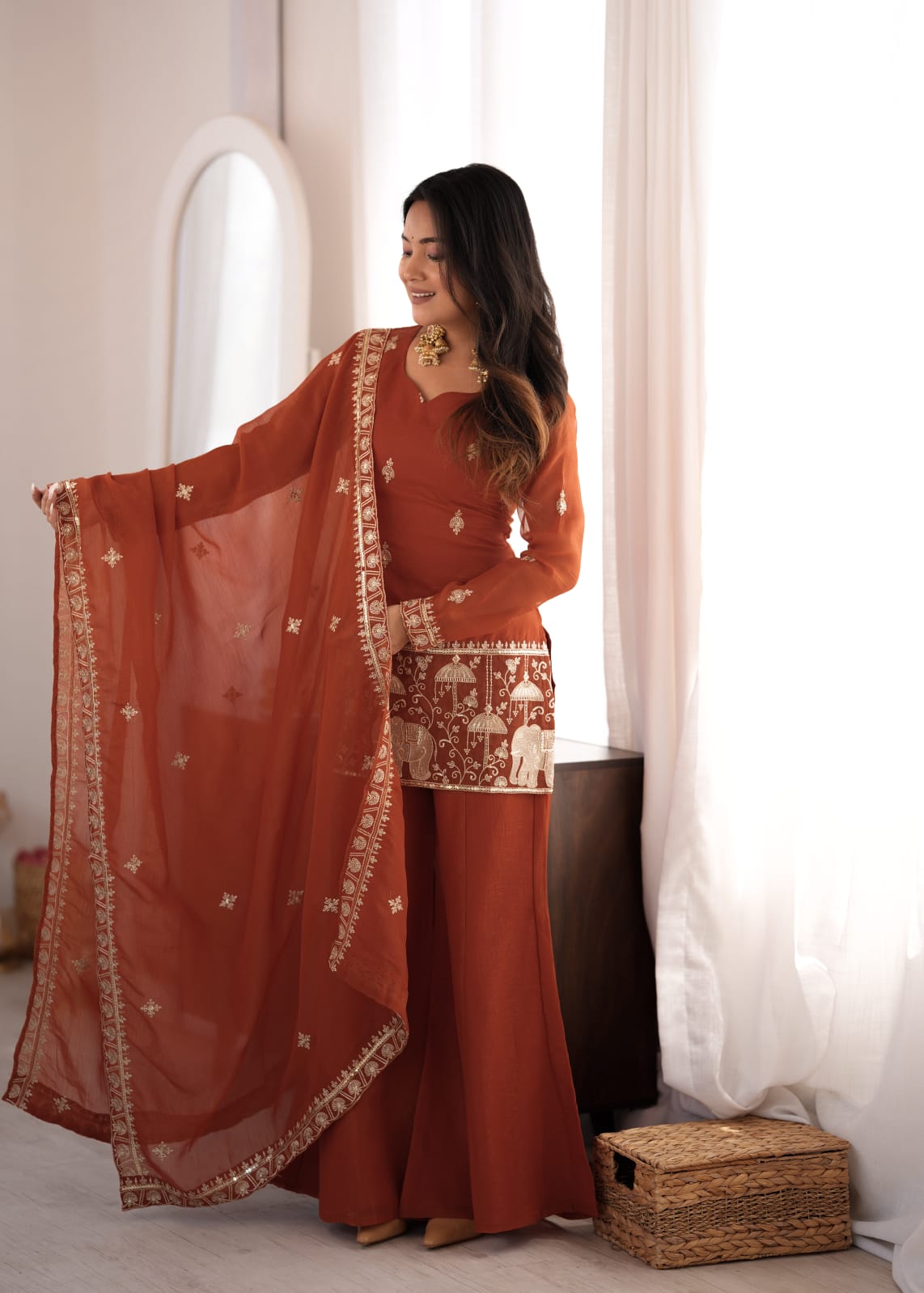 Rust Orange Embroidered Kurta Sharara Set