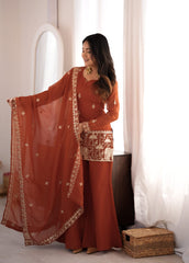 Rust Orange Embroidered Kurta Sharara Set
