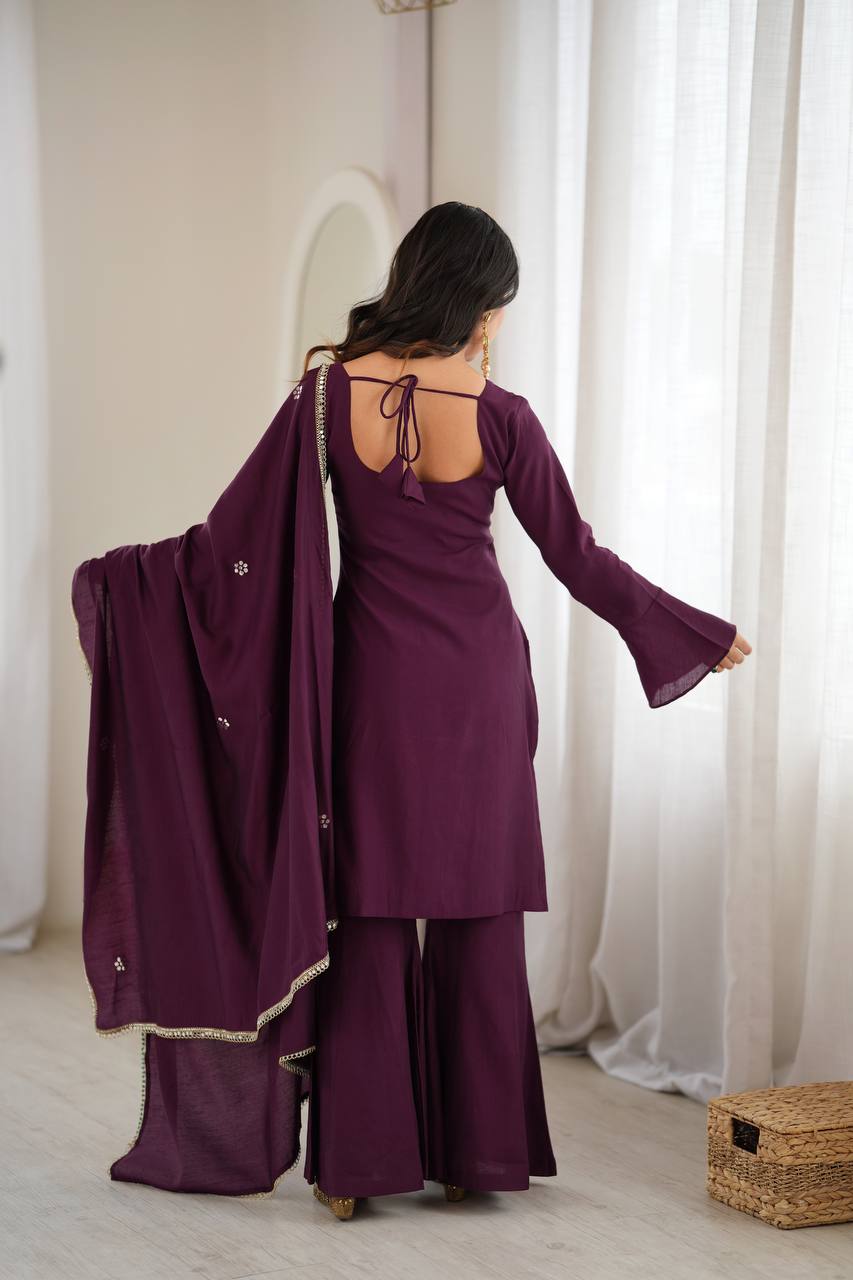 Wine Purple Embroidered Kurta Palazzo Set with Dupatta