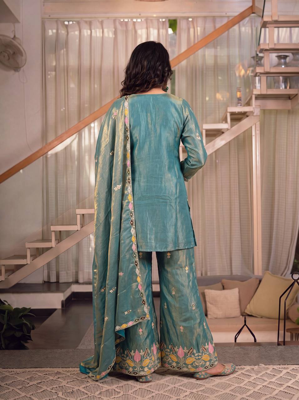 Teal Blue Embroidered Kurta Pant Set with Dupatta