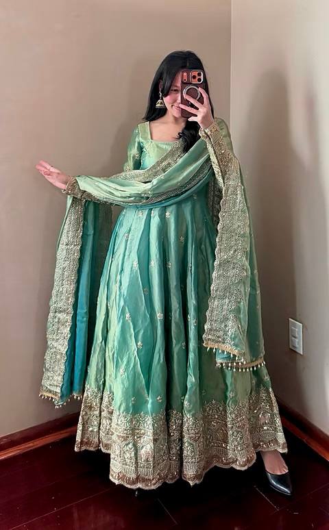 Sea Green Embroidered Anarkali Gown with Dupatta