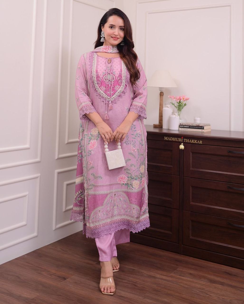 Elegant Pink Embroidered Printed Kurta Set with Matching Pant & Dupatta