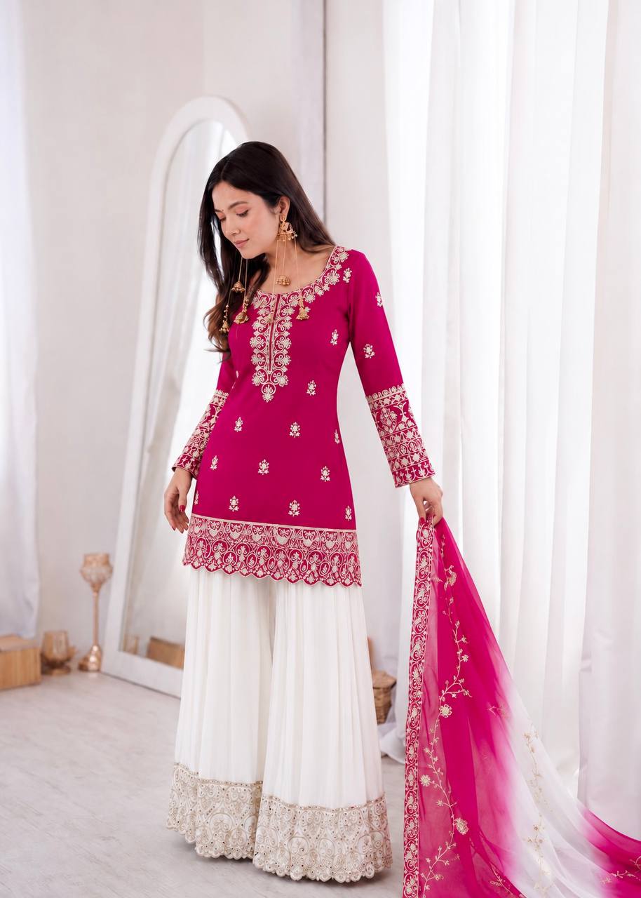 Pink Embroidered Kurta with White Palazzo & Dupatta Set
