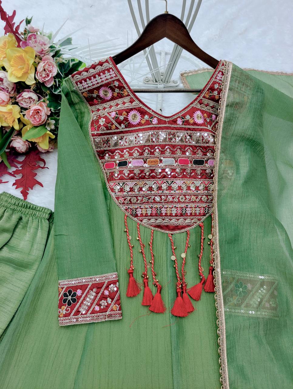 Sage Green Embroidered Anarkali Suit with Dupatta