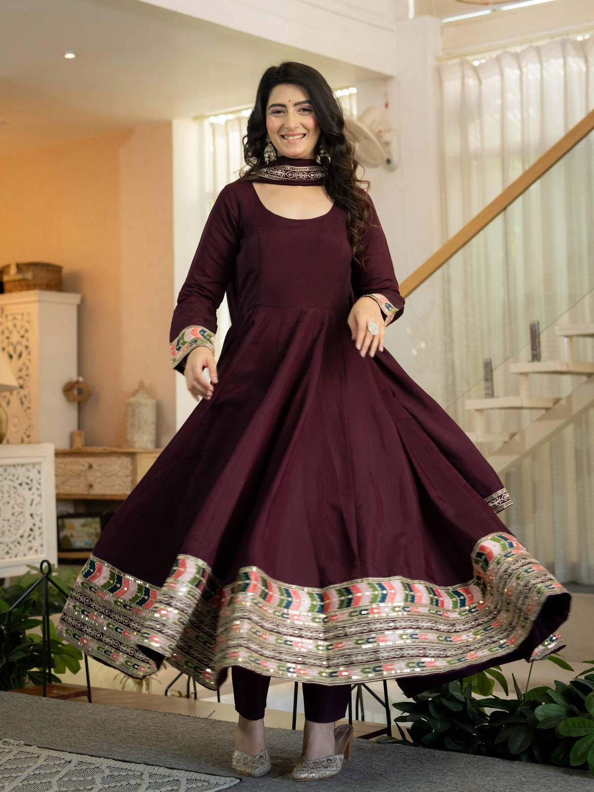 Maroon Embroidered Anarkali Suit Set with Dupatta